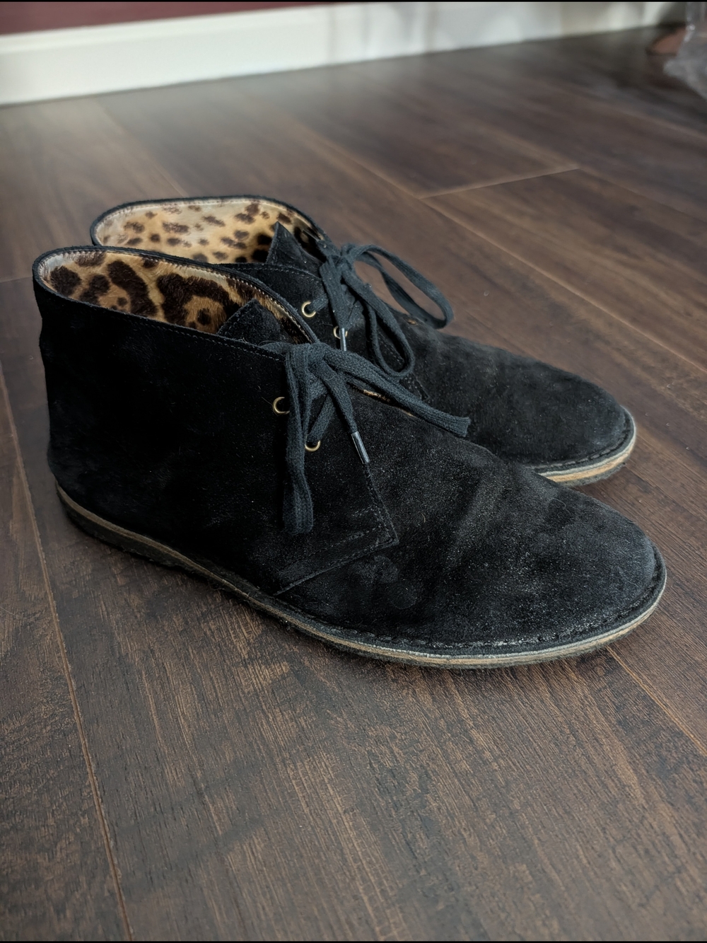 Saint Laurent Black Suede Hedi Chukka Boots Leopard Print Pony Hair Lining 42